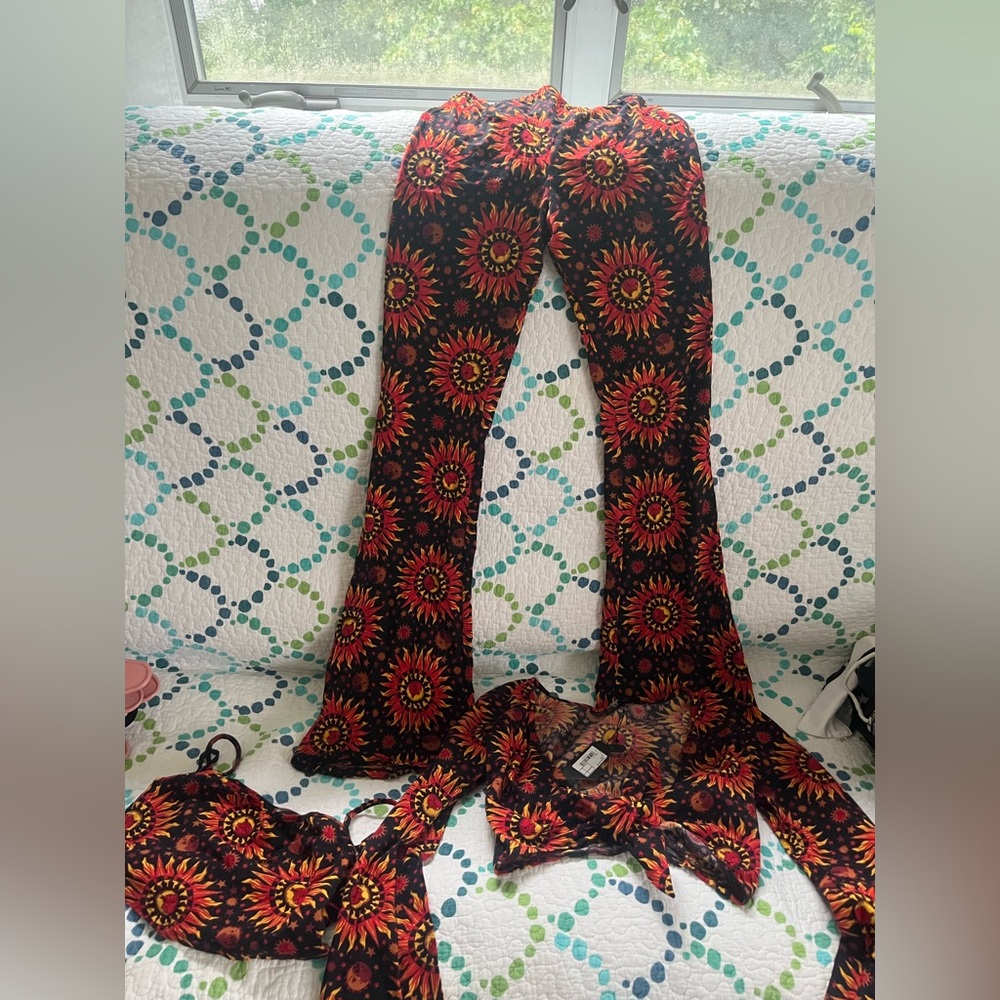 Motel Rocks Black and Red Floral Flare Pants and Shirt Set